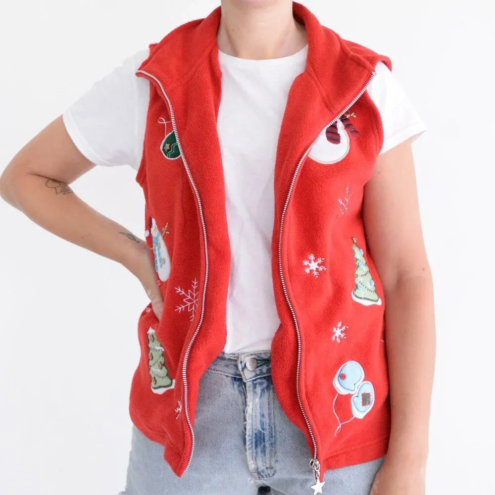 Vintage Denver Hayes Red White Embroidered Snowman Snowflake Holiday Vest L